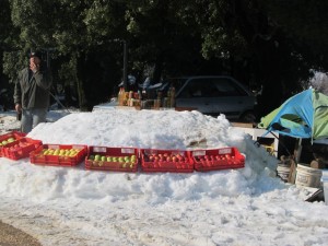 Selling fruit in the snow